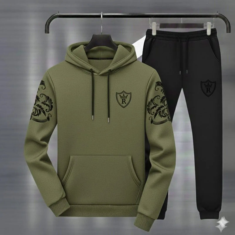 Men Royal Crest Hoodie Track Suit Green Black Fleece