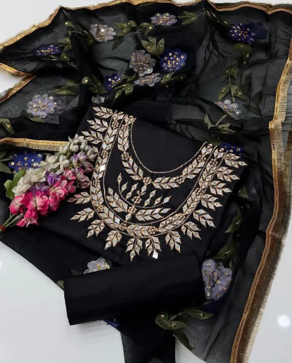 Black Galla Embroidered 3PC Dress With Beads & Organza Duppata