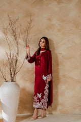 Elegant Maroon 3 Pcs Women's Stitched Linen Suit with Embroidered Detail