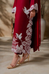 Elegant Maroon 3 Pcs Women's Stitched Linen Suit with Embroidered Detail