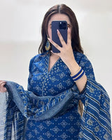 Stunning Women's Stitched Suit with Digital Print - 3 Pcs in Blue