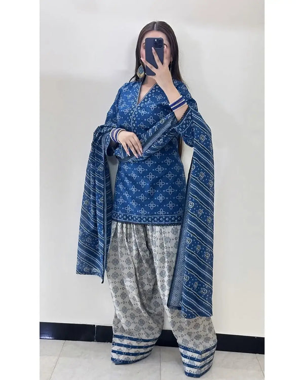 Stunning Women's Stitched Suit with Digital Print - 3 Pcs in Blue