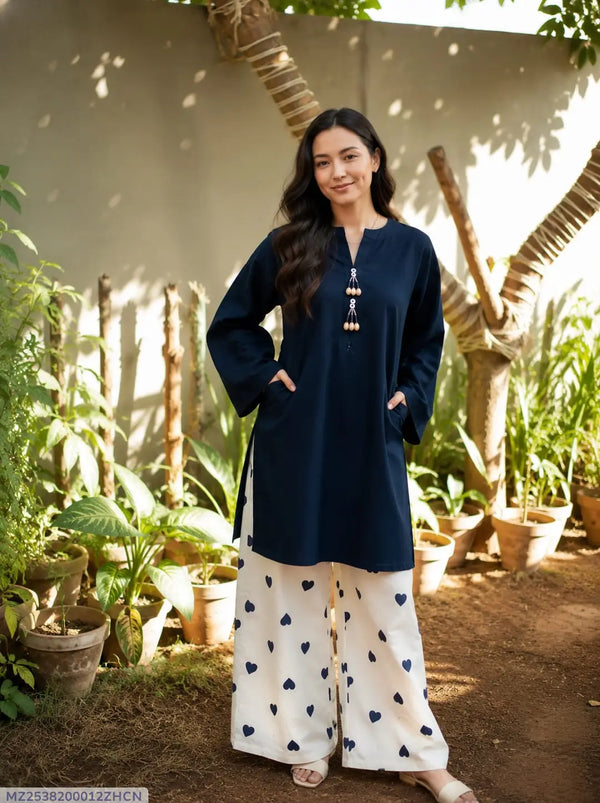 2 Pcs Women's Stitched Cotton Plain Shirt And Trouser