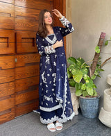 Navy Monarch - 3 Piece Lawn Cotton Embroidered Dress