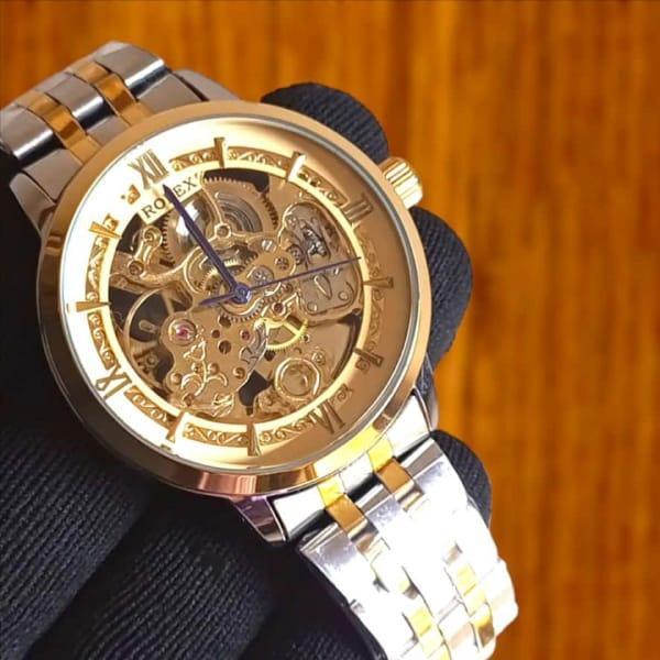 Men's Rose Gold Skeleton Watch with Stainless Steel Band