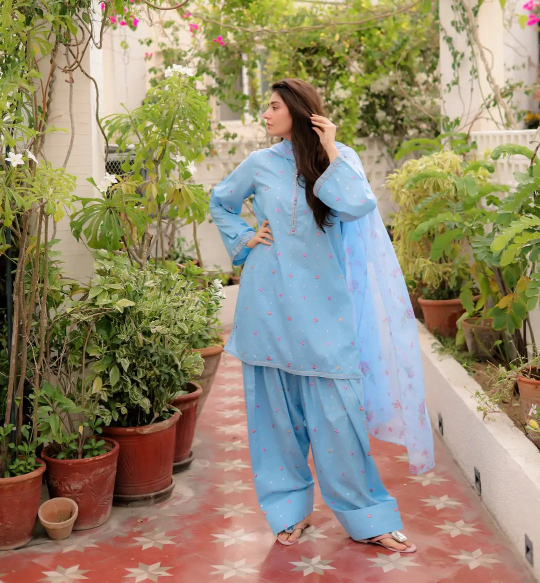 3 Pcs Women's Stitched Cotton Embroidered Suit