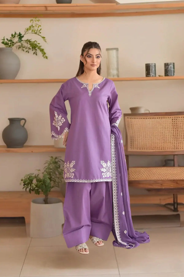 3 Pcs Women's Stitched Lawn Embroidered Suit
