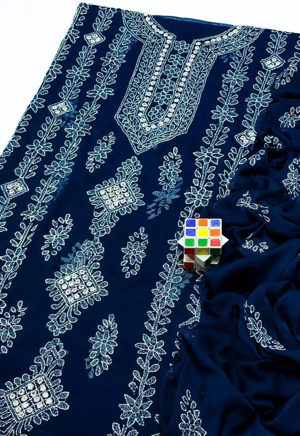 Deep Blue Chiffon Sheesha Work 2-Piece Suit for Women