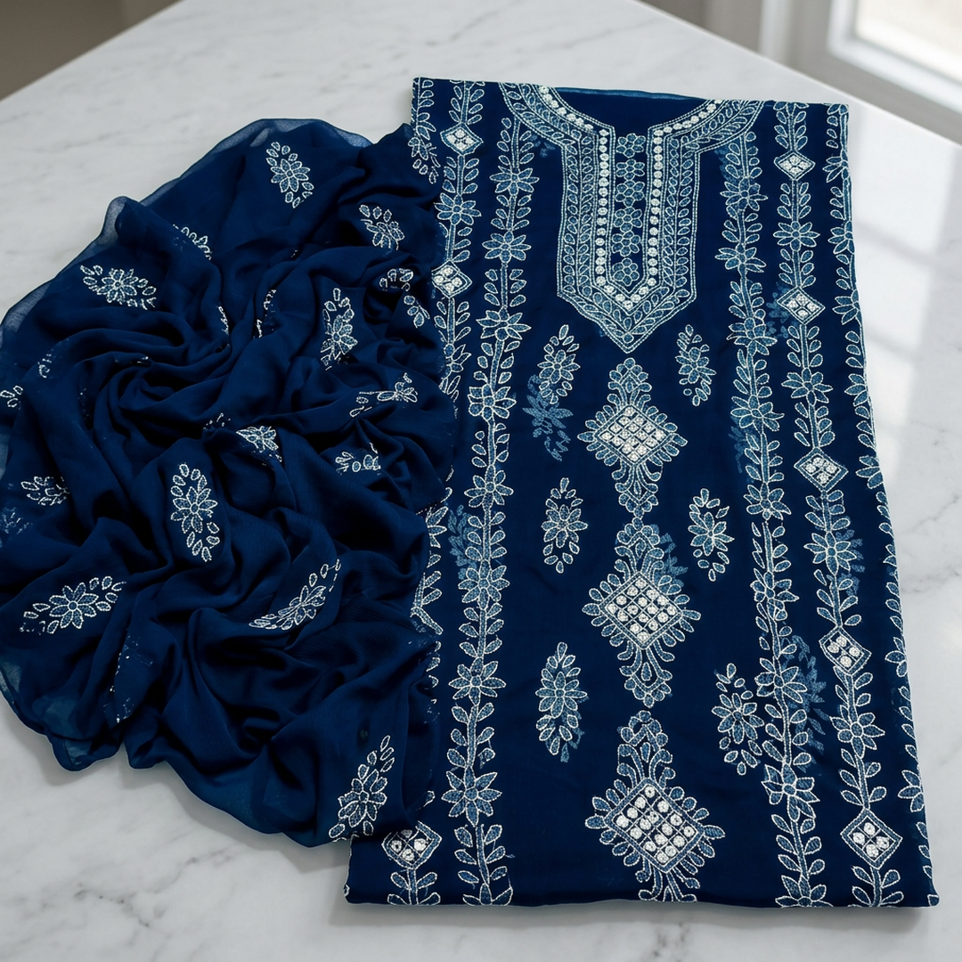 Deep Blue Chiffon Sheesha Work 2-Piece Suit for Women