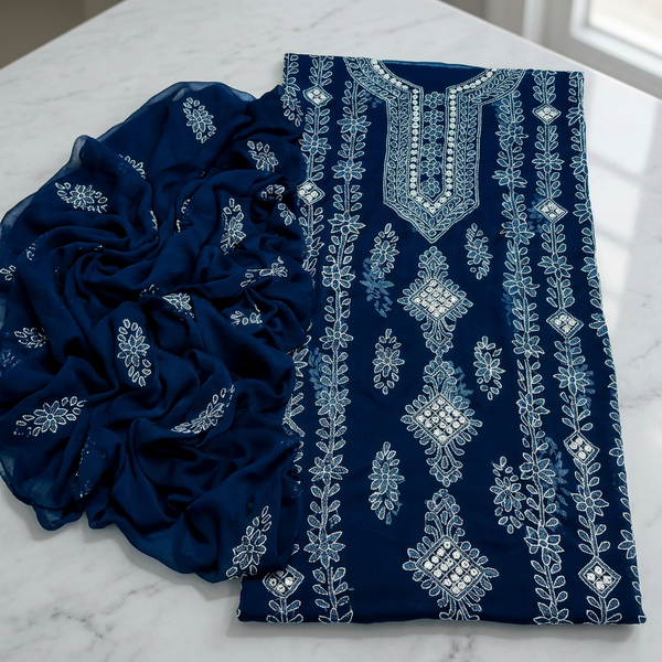 Deep Blue Chiffon Sheesha Work 2-Piece Suit for Women
